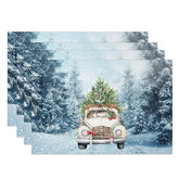 Aperturee - Aperturee Christmas Set of 4 Placemats Vintage Car with Tree Snowy Winter Forest Watercolor Table Mats