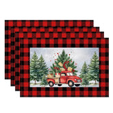 Aperturee - Aperturee Christmas Set of 4 Placemats Vintage Red Truck with Gifts Red Buffalo Plaid Border Table Mats