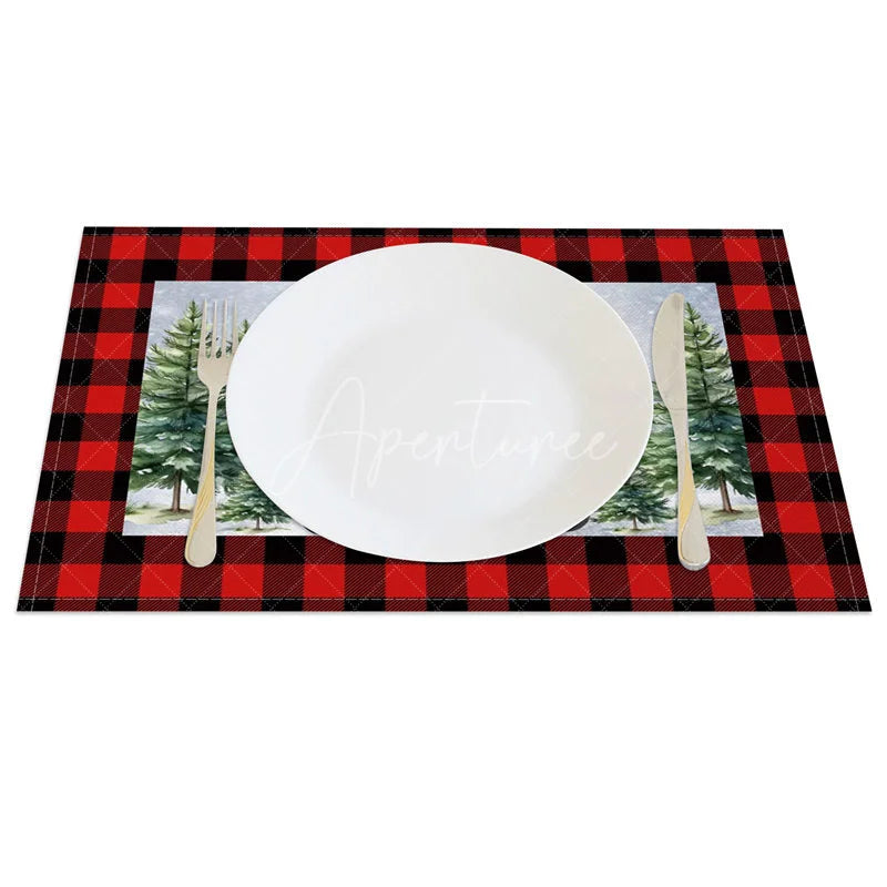Aperturee - Aperturee Christmas Set of 4 Placemats Vintage Red Truck with Gifts Red Buffalo Plaid Border Table Mats