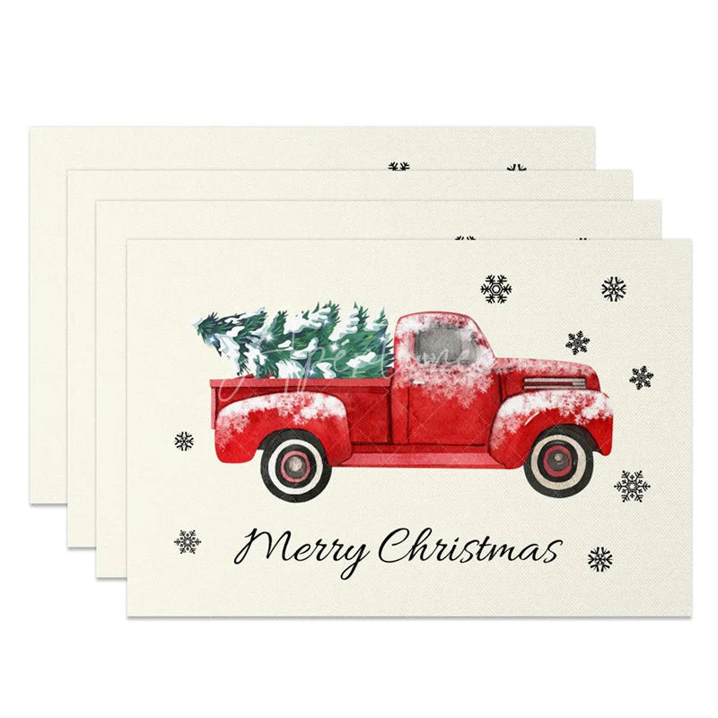 Aperturee - Aperturee Christmas Set of 4 Placemats Vintage Red Truck with Tree Farmhouse Merry Christmas Table Mats