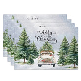 Aperturee - Aperturee Christmas Set of 4 Placemats Vintage White Truck with Tree Snowy Pine Forest Watercolor Table Mats
