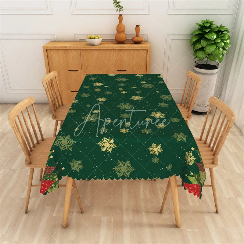 Aperturee - Aperturee Christmas Snowflake Rectangle Tablecloth Green and Gold Snowflakes Elegant Holiday Table Cover Decor