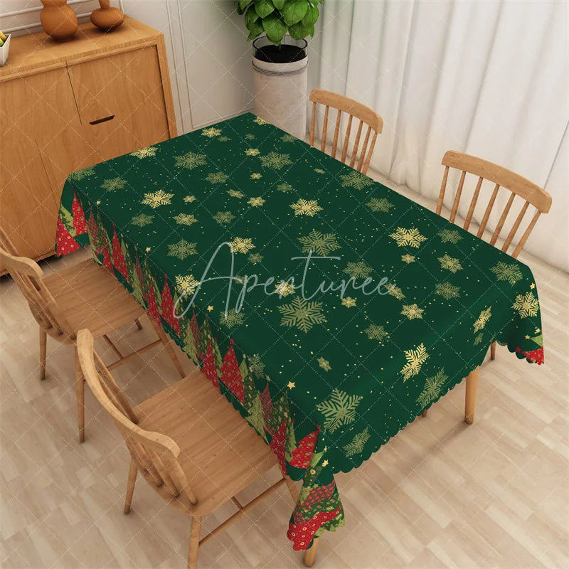 Aperturee - Aperturee Christmas Snowflake Rectangle Tablecloth Green and Gold Snowflakes Elegant Holiday Table Cover Decor