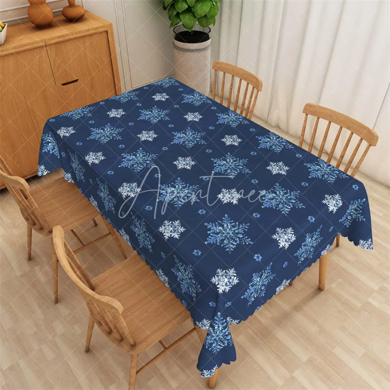 Aperturee - Aperturee Christmas Snowflake Rectangle Tablecloth Navy Blue with White Snowflakes Winter Holiday Table Cover