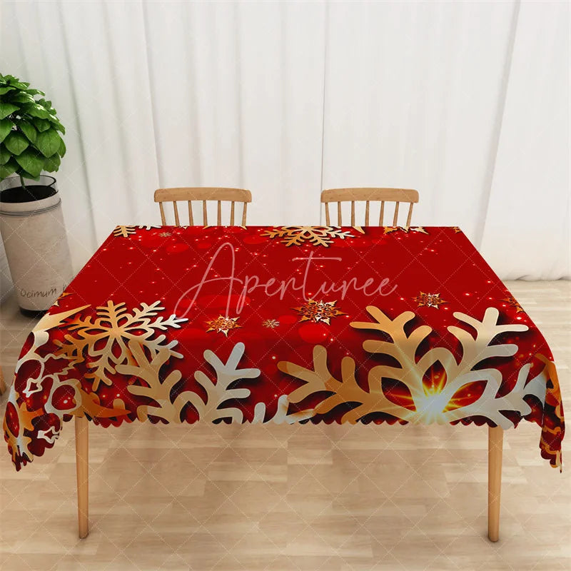 Aperturee - Aperturee Christmas Snowflake Rectangle Tablecloth Red with Gold and White Snowflakes Sparkling Holiday Table Cover
