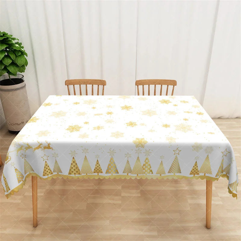 Aperturee - Aperturee Christmas Snowflake Rectangle Tablecloth White and Gold Snowflakes Elegant Holiday Table Cover Decor
