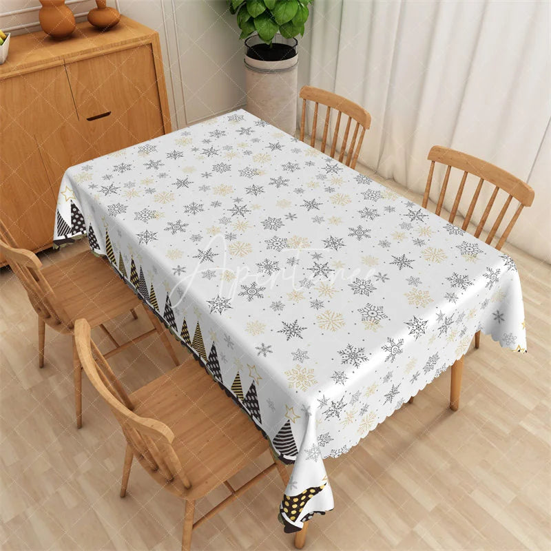 Aperturee - Aperturee Christmas Snowflake Rectangle Tablecloth White with Gold and Black Snowflakes Modern Holiday Table Cover