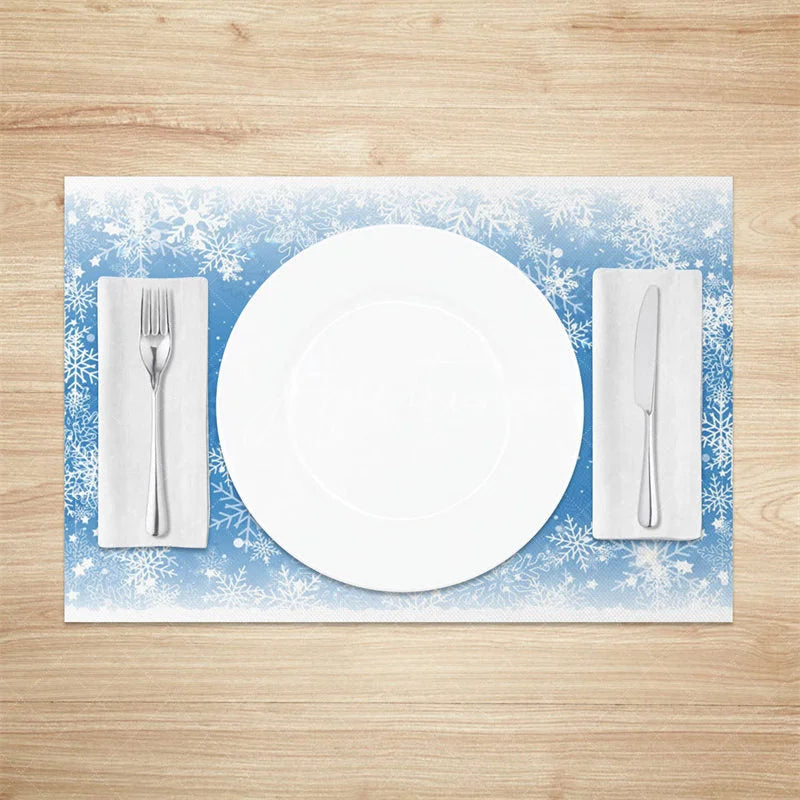 Aperturee - Aperturee Christmas Snowflake Set of 4 Placemats Blue and White Winter Frozen Holiday Table Mats Decor