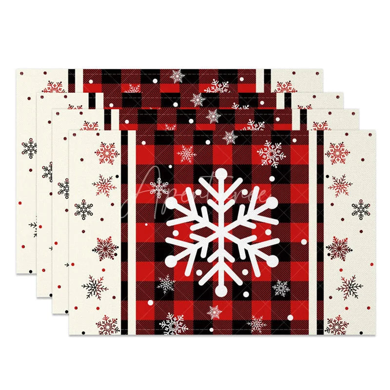 Aperturee - Aperturee Christmas Snowflake Set of 4 Placemats Red Buffalo Plaid Farmhouse Winter Holiday Table Mats
