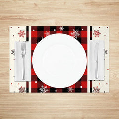 Aperturee - Aperturee Christmas Snowflake Set of 4 Placemats Red Buffalo Plaid Farmhouse Winter Holiday Table Mats