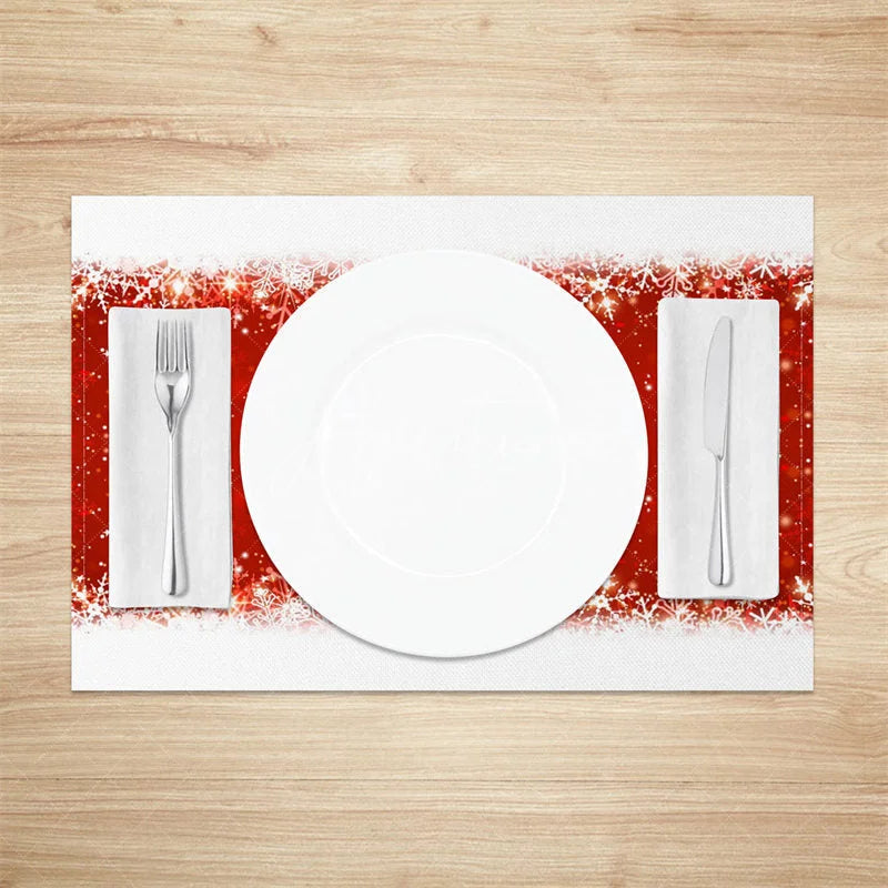 Aperturee - Aperturee Christmas Snowflake Set of 4 Placemats Red Sparkle Center with White Border Holiday Table Mats