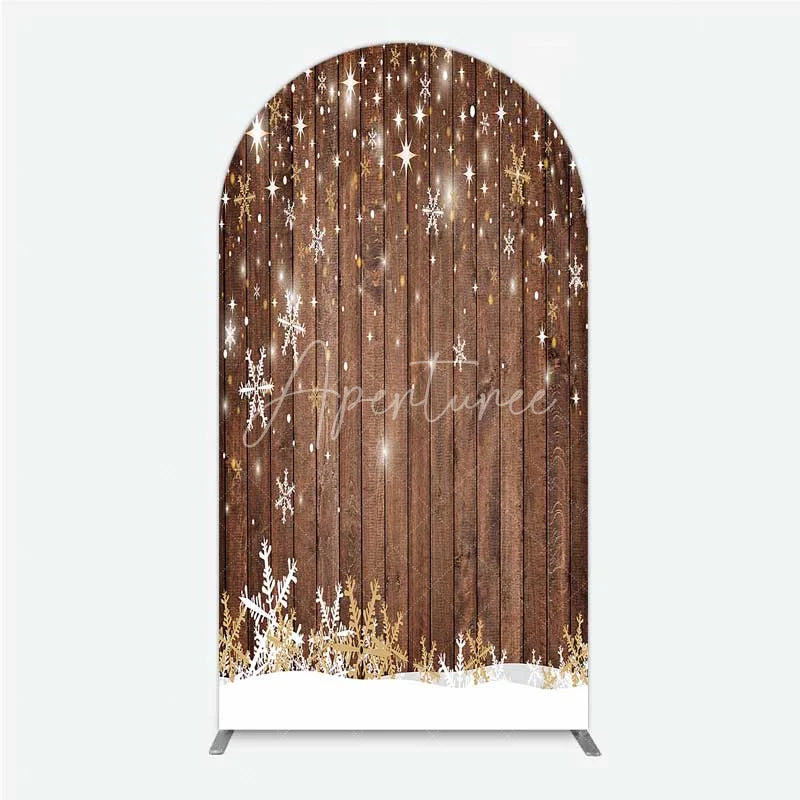 Aperturee - Aperturee Christmas Snowflakes Arch Backdrop Rustic Brown Wood and Sparkling Stars Background Winter Holiday Party Decoration