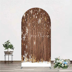 Aperturee - Aperturee Christmas Snowflakes Arch Backdrop Rustic Brown Wood and Sparkling Stars Background Winter Holiday Party Decoration