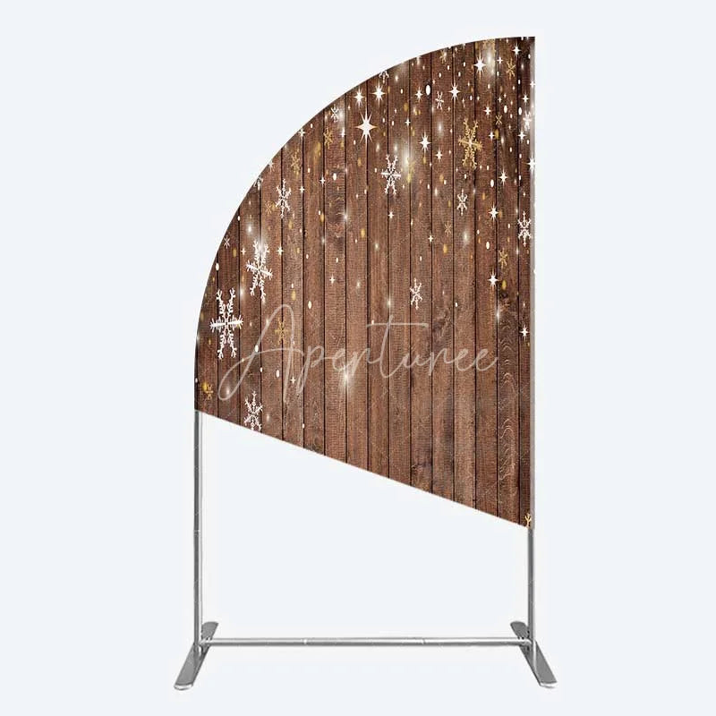 Aperturee - Aperturee Christmas Snowflakes Half Moon Arch Backdrop Rustic Brown Wood and Sparkling Stars Background Winter Holiday Party
