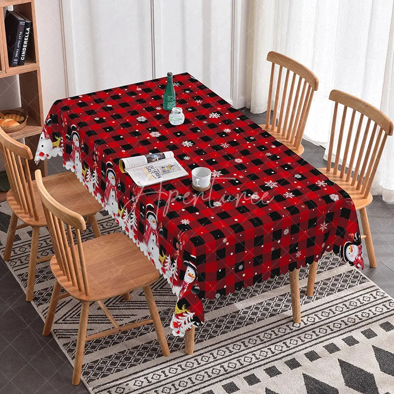 Aperturee - Aperturee Christmas Snowman Pattern Rectangle Tablecloth Red Black Buffalo Plaid Table Cover Winter Holiday Home Decor