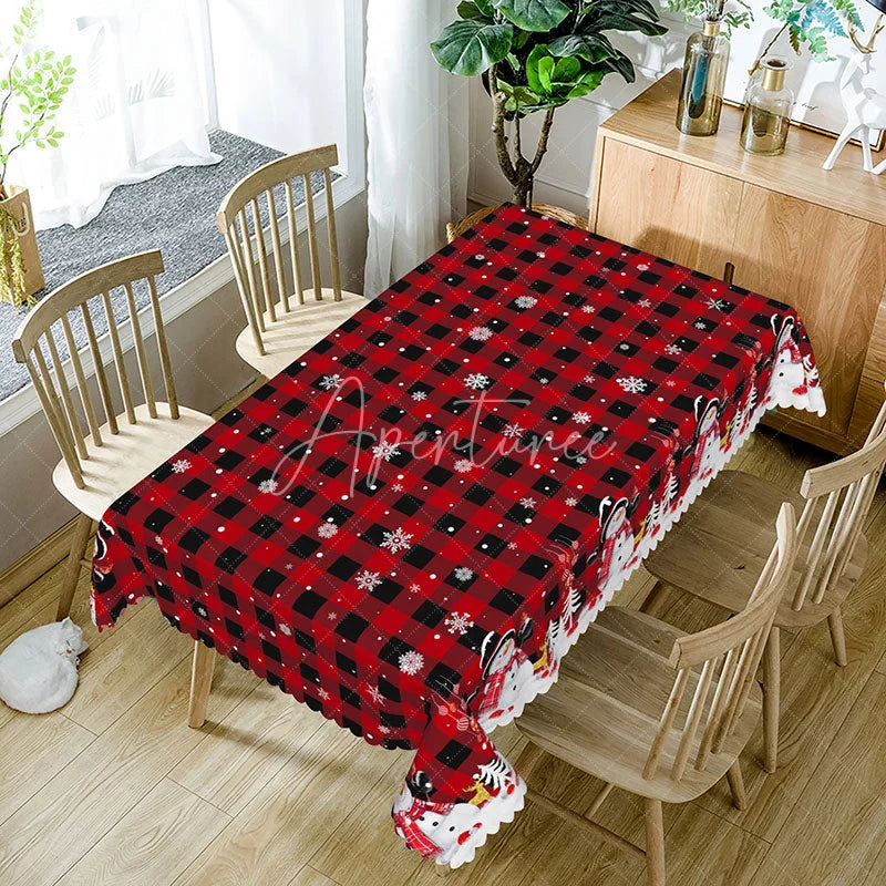 Aperturee - Aperturee Christmas Snowman Pattern Rectangle Tablecloth Red Black Buffalo Plaid Table Cover Winter Holiday Home Decor