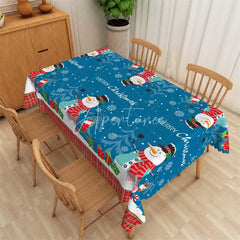 Aperturee - Aperturee Christmas Snowman Rectangle Tablecloth Blue with Merry Christmas Text Snowflake Holiday Table Cover
