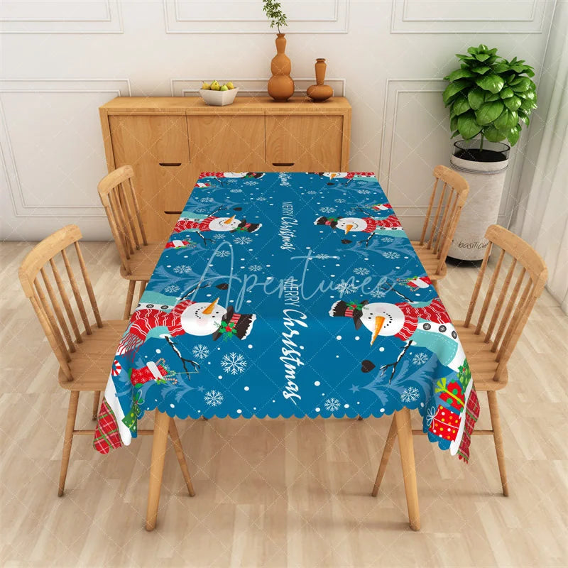 Aperturee - Aperturee Christmas Snowman Rectangle Tablecloth Blue with Merry Christmas Text Snowflake Holiday Table Cover