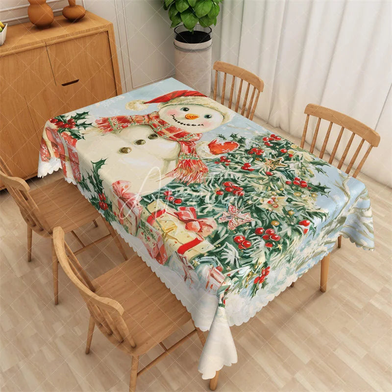 Aperturee - Aperturee Christmas Snowman Rectangle Tablecloth Holiday Scene with Gifts Red Berries Winter Table Cover Decor