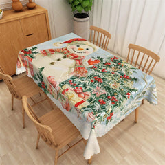 Aperturee - Aperturee Christmas Snowman Rectangle Tablecloth Holiday Scene with Gifts Red Berries Winter Table Cover Decor