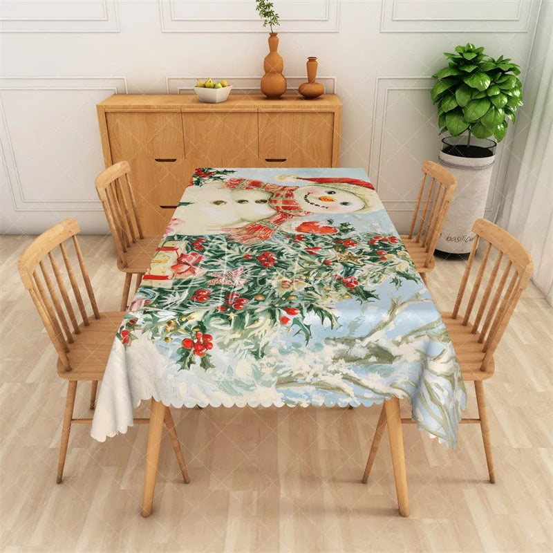 Aperturee - Aperturee Christmas Snowman Rectangle Tablecloth Holiday Scene with Gifts Red Berries Winter Table Cover Decor