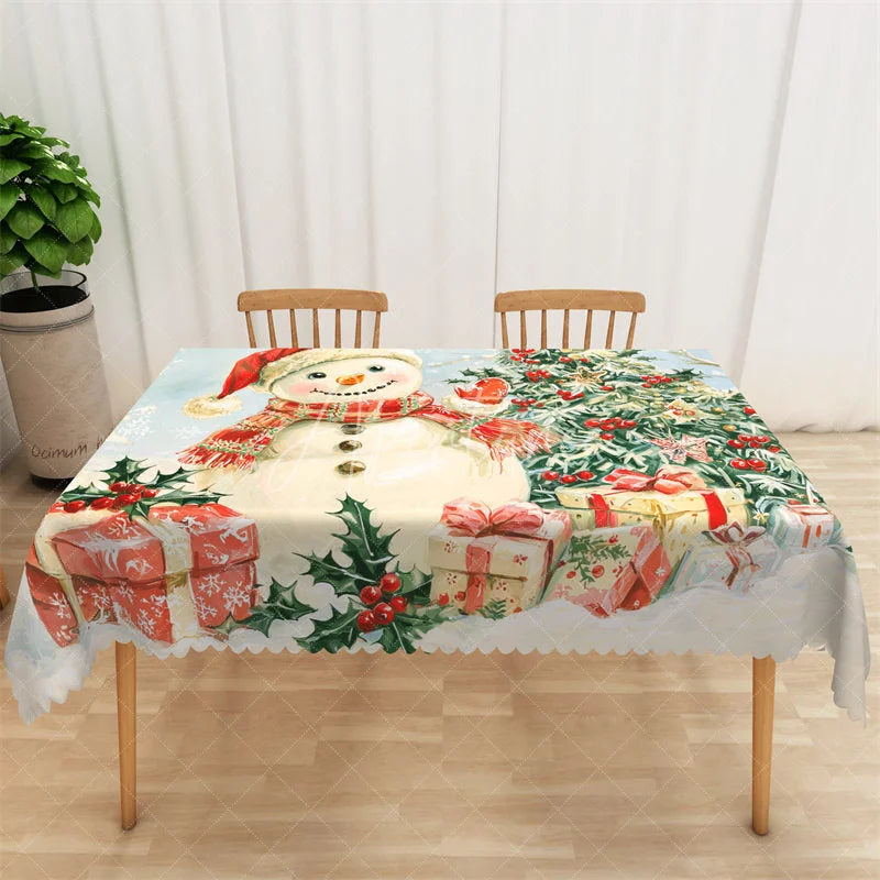 Aperturee - Aperturee Christmas Snowman Rectangle Tablecloth Holiday Scene with Gifts Red Berries Winter Table Cover Decor
