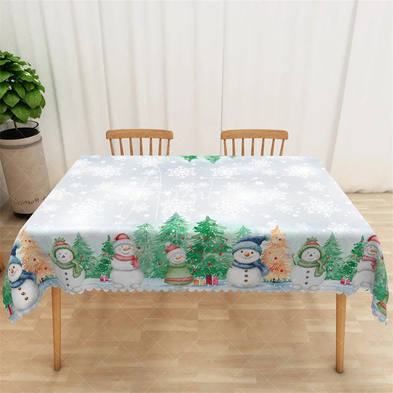Aperturee - Aperturee Christmas Snowman Rectangle Tablecloth Light Blue Snowflake Winter Holiday Table Cover Decor