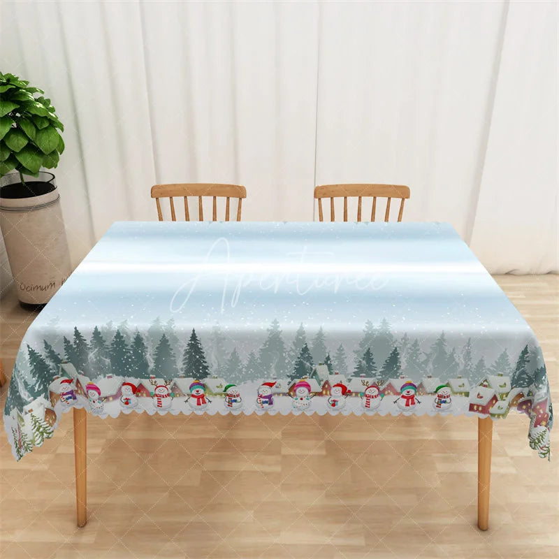 Aperturee - Aperturee Christmas Snowman Rectangle Tablecloth Light Blue Winter Scene Snowy Holiday Table Cover Decor