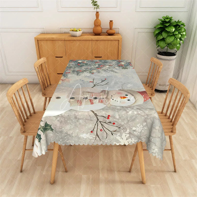 Aperturee - Aperturee Christmas Snowman Rectangle Tablecloth Winter Scene with Pine Trees Holiday Gifts Table Cover Decor