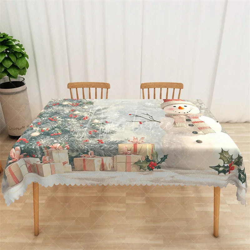 Aperturee - Aperturee Christmas Snowman Rectangle Tablecloth Winter Scene with Pine Trees Holiday Gifts Table Cover Decor