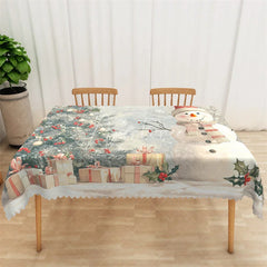 Aperturee - Aperturee Christmas Snowman Rectangle Tablecloth Winter Scene with Pine Trees Holiday Gifts Table Cover Decor