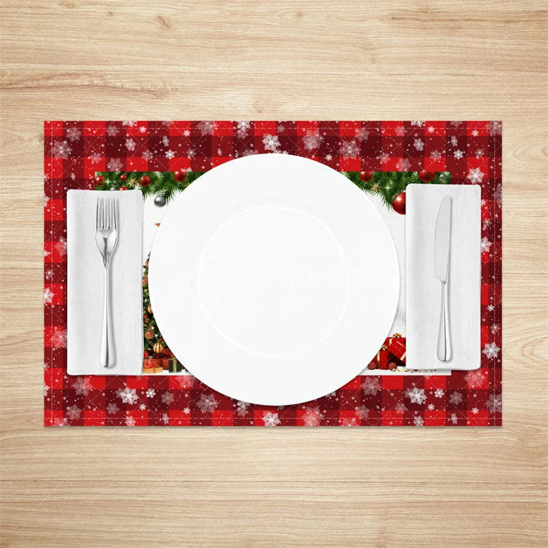 Aperturee - Aperturee Christmas Snowman Set of 4 Placemats Red Plaid Snowflake Border Winter Holiday Table Mats