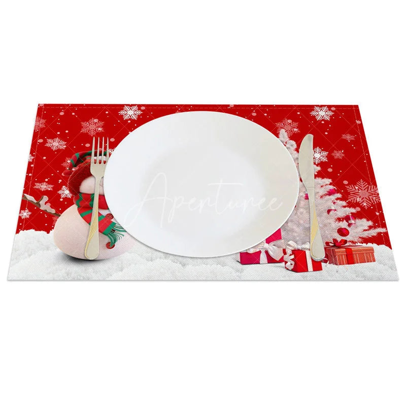 Aperturee - Aperturee Christmas Snowman Set of 4 Placemats Red Snowflake with White Xmas Tree Winter Holiday Table Mats Decor
