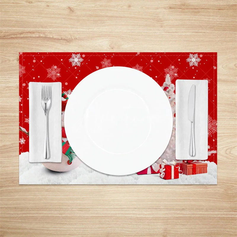 Aperturee - Aperturee Christmas Snowman Set of 4 Placemats Red Snowflake with White Xmas Tree Winter Holiday Table Mats Decor