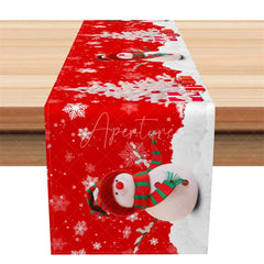 Aperturee - Aperturee Christmas Snowman Table Runner Red Snowy Scene with Snowflakes Winter Holiday Table Decor