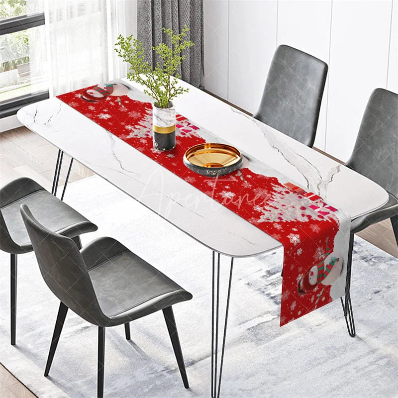 Aperturee - Aperturee Christmas Snowman Table Runner Red Snowy Scene with Snowflakes Winter Holiday Table Decor