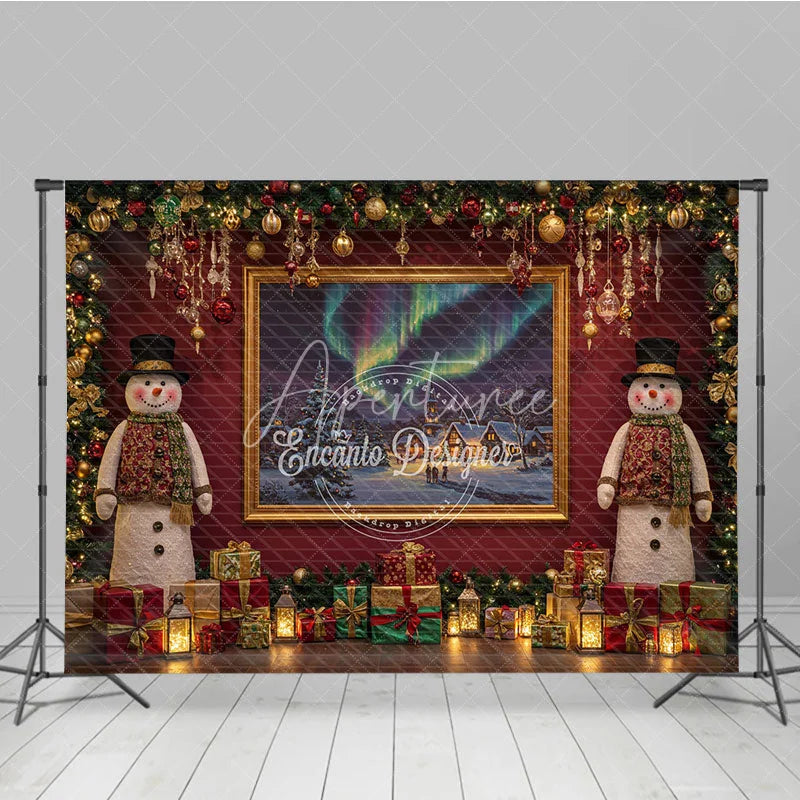 Aperturee - Aperturee Christmas Snowman with Northern Lights Photography Backdrop Elegant Red Wall Holiday Mini Session Background