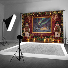 Aperturee - Aperturee Christmas Snowman with Northern Lights Photography Backdrop Elegant Red Wall Holiday Mini Session Background