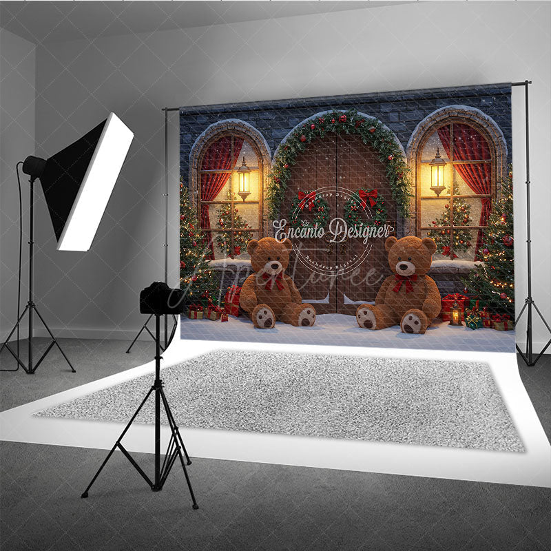 Aperturee - Aperturee Christmas Stone House Photography Backdrop Rustic Arched Door with Teddy Bears Snowy Holiday Photo Background