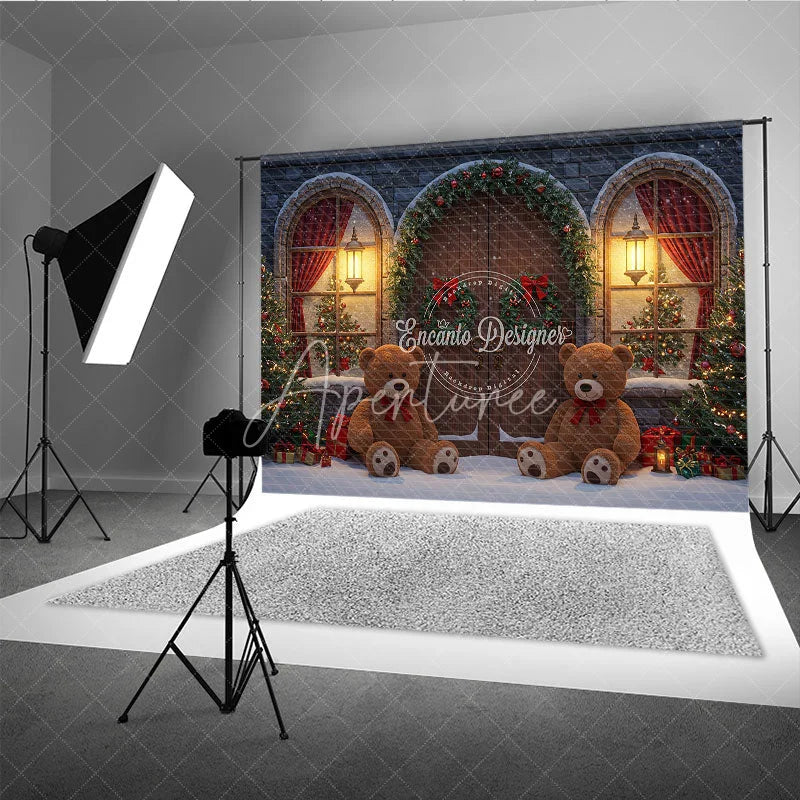 Aperturee - Aperturee Christmas Stone House Photography Backdrop Rustic Arched Door with Teddy Bears Snowy Holiday Photo Background