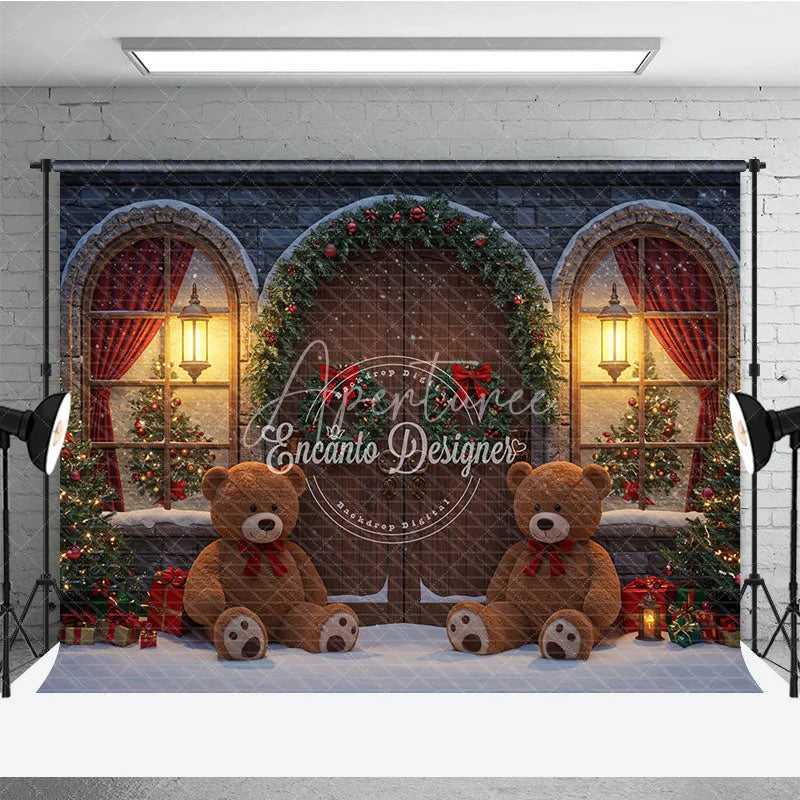 Aperturee - Aperturee Christmas Stone House Photography Backdrop Rustic Arched Door with Teddy Bears Snowy Holiday Photo Background