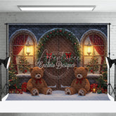 Aperturee - Aperturee Christmas Stone House Photography Backdrop Rustic Arched Door with Teddy Bears Snowy Holiday Photo Background