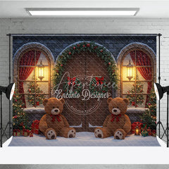 Aperturee - Aperturee Christmas Stone House Photography Backdrop Rustic Arched Door with Teddy Bears Snowy Holiday Photo Background