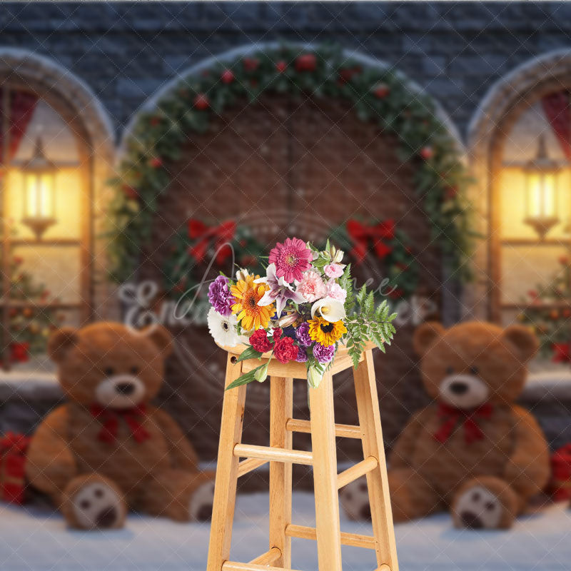 Aperturee - Aperturee Christmas Stone House Photography Backdrop Rustic Arched Door with Teddy Bears Snowy Holiday Photo Background