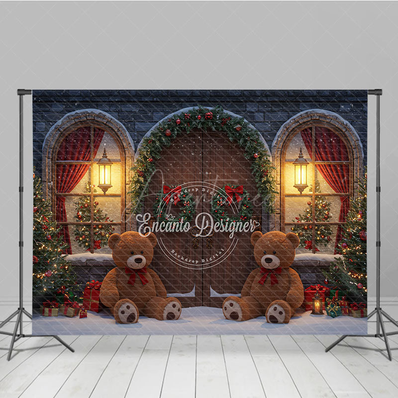 Aperturee - Aperturee Christmas Stone House Photography Backdrop Rustic Arched Door with Teddy Bears Snowy Holiday Photo Background