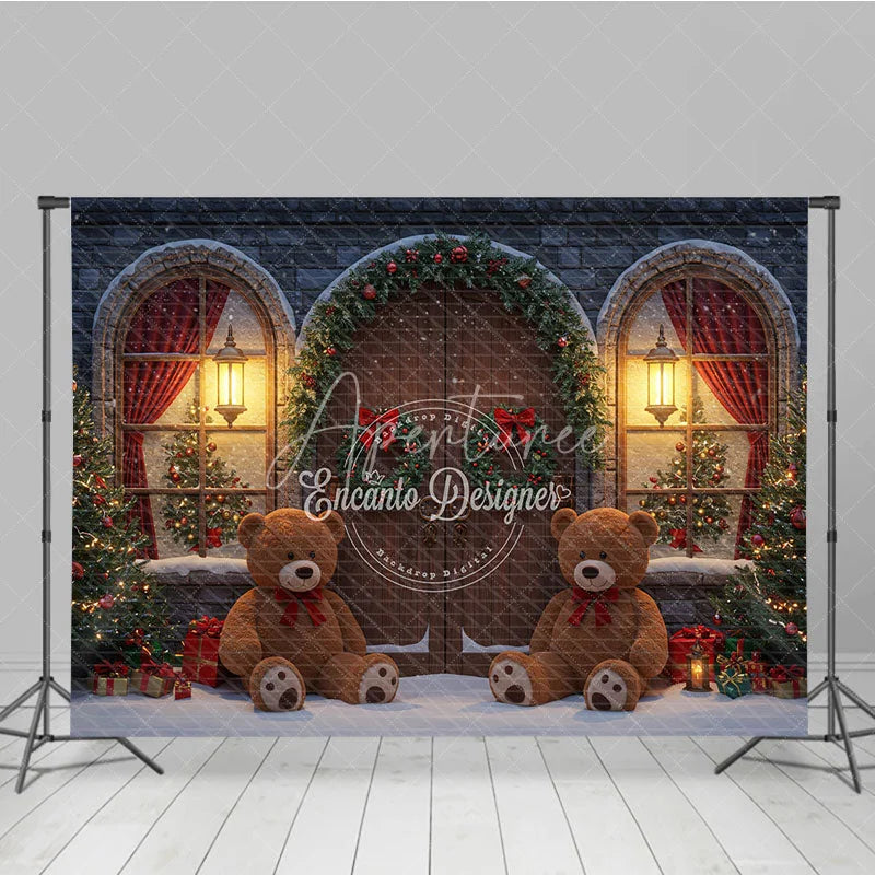Aperturee - Aperturee Christmas Stone House Photography Backdrop Rustic Arched Door with Teddy Bears Snowy Holiday Photo Background