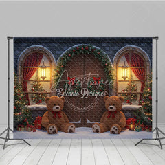 Aperturee - Aperturee Christmas Stone House Photography Backdrop Rustic Arched Door with Teddy Bears Snowy Holiday Photo Background