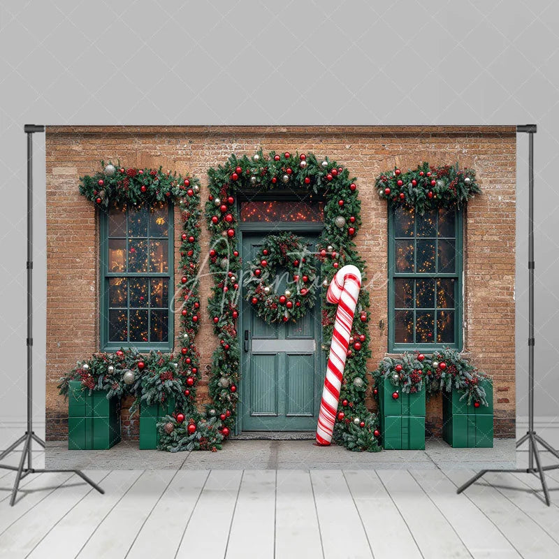 Aperturee - Aperturee Christmas Storefront Backdrop Brick Wall with Giant Candy Cane Green Door Wreaths Holiday Photo Props