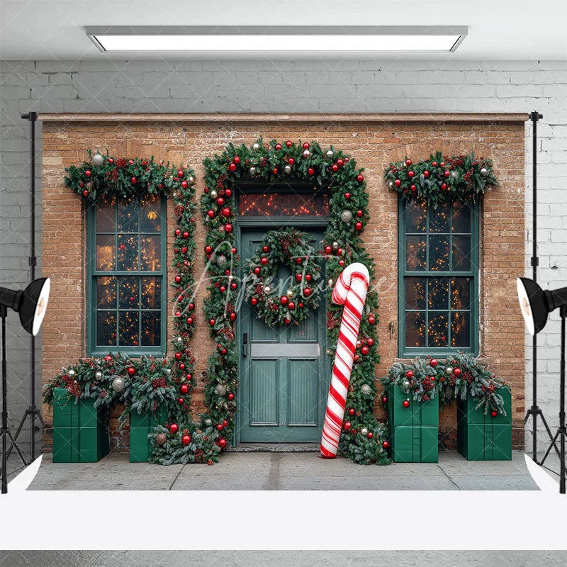 Aperturee - Aperturee Christmas Storefront Backdrop Brick Wall with Giant Candy Cane Green Door Wreaths Holiday Photo Props
