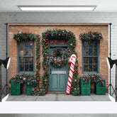 Aperturee - Aperturee Christmas Storefront Backdrop Brick Wall with Giant Candy Cane Green Door Wreaths Holiday Photo Props